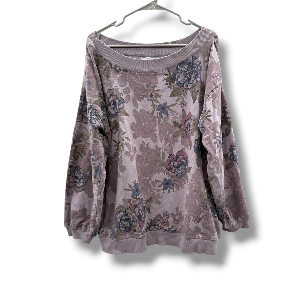 Maurices Floral Sweatshirt Womens 1X Purple French Terry Boat Neck Boho Pullover - Picture 1 of 6